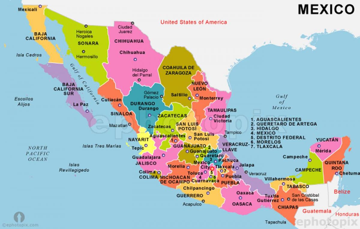 Meksikë harta me shtetet dhe kryeqytetet